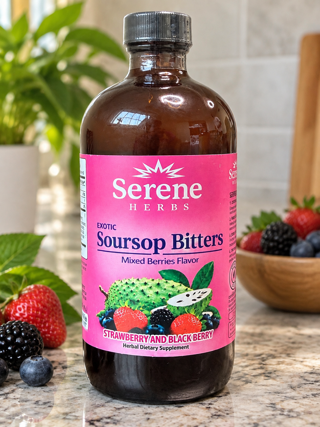 Serene Herbs Soursop Bitters Liquid with Soursop Leaves for Gut Cleanse, Detox & Immune Boost with Black Seed, Moringa, Irish Moss, Ashwaganda, Turmeric,(16 Fl Oz (Pack of 1), Mixed Berry)
